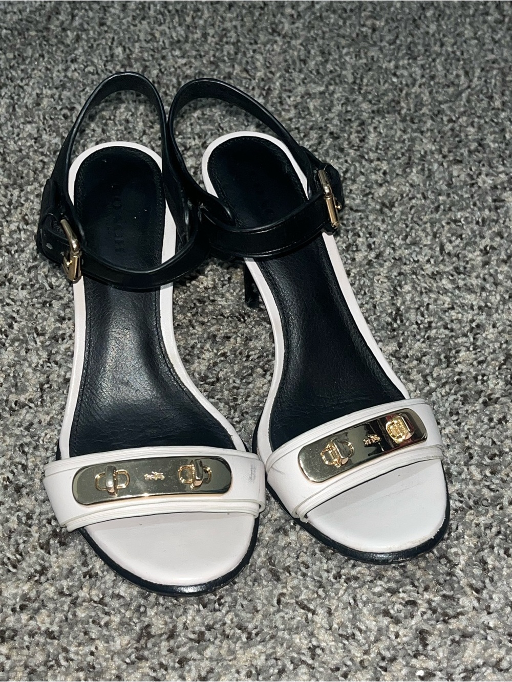 Coach Black and White Slingback Heels with Gold Plate